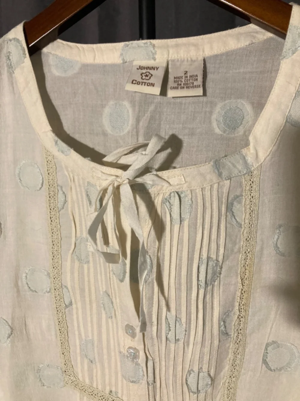 Johnny Cotton Breezy Blouse Boho Casual Coastal Cream and Blue Dots Sz S*